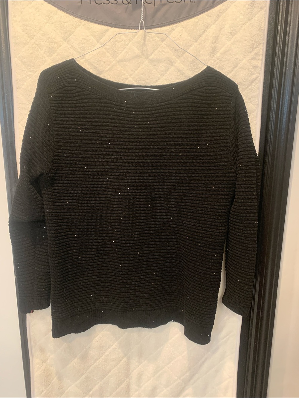 Calvin Klein Women's Black Ribbed Knit Sweater with Subtle Metallic Speckles